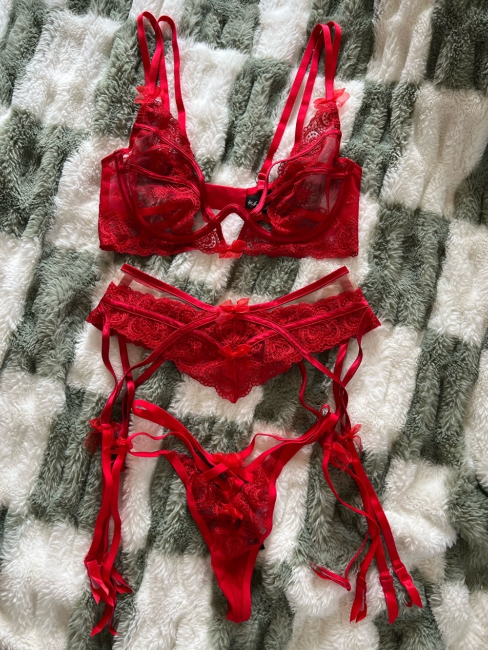 For Love And Lemons Red Lace Three-Piece Lingerie Set with Garter Details